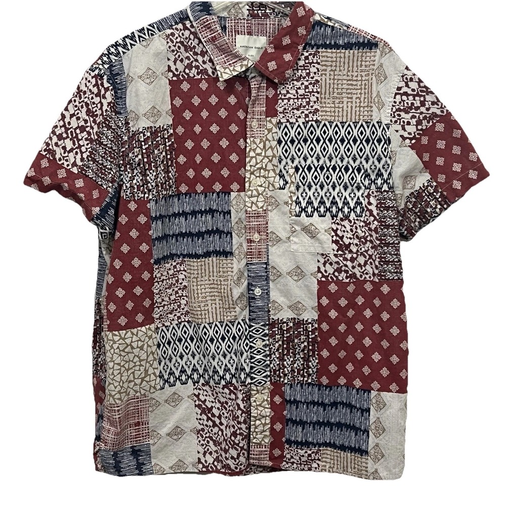 American Eagle Flex Short Sleeve Button Shirt Patchwork Print Multicolor Men XL